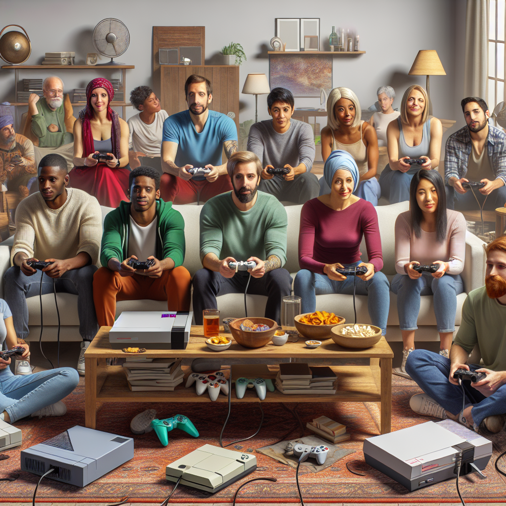 A diverse group of gamers playing together in a living room