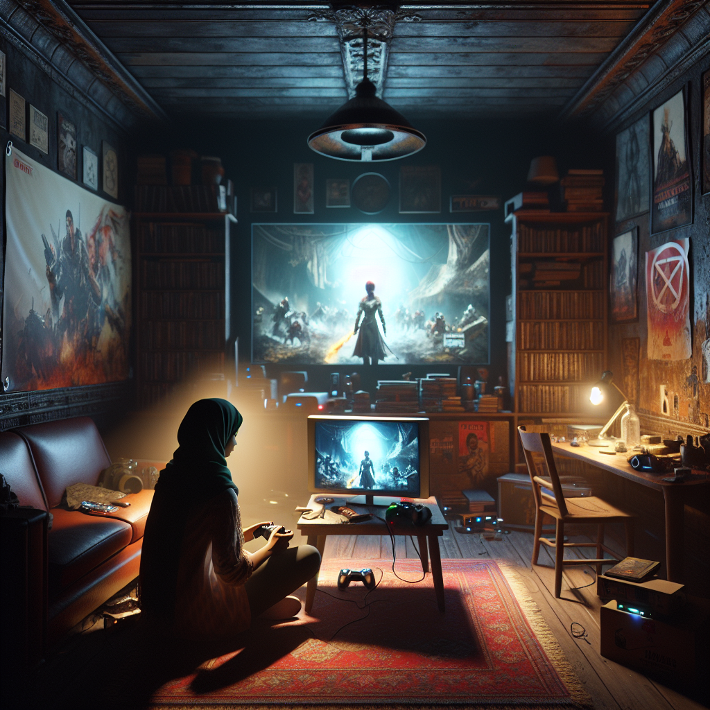 A gamer immersed in a richly detailed video game world, showcasing interactive storytelling.