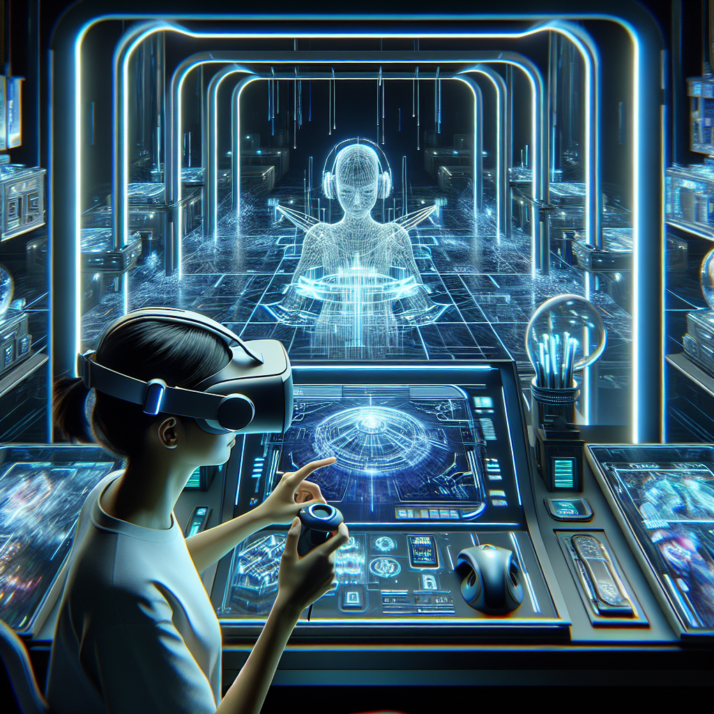 A futuristic gaming setup with VR headsets