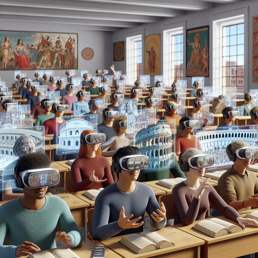 Students learning history through AI technology.