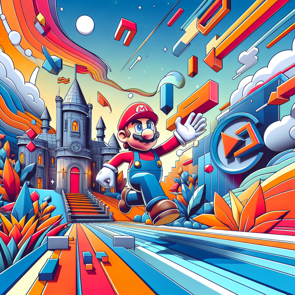 An artistic representation of Super Mario 64 showcasing its 3D platforming.
