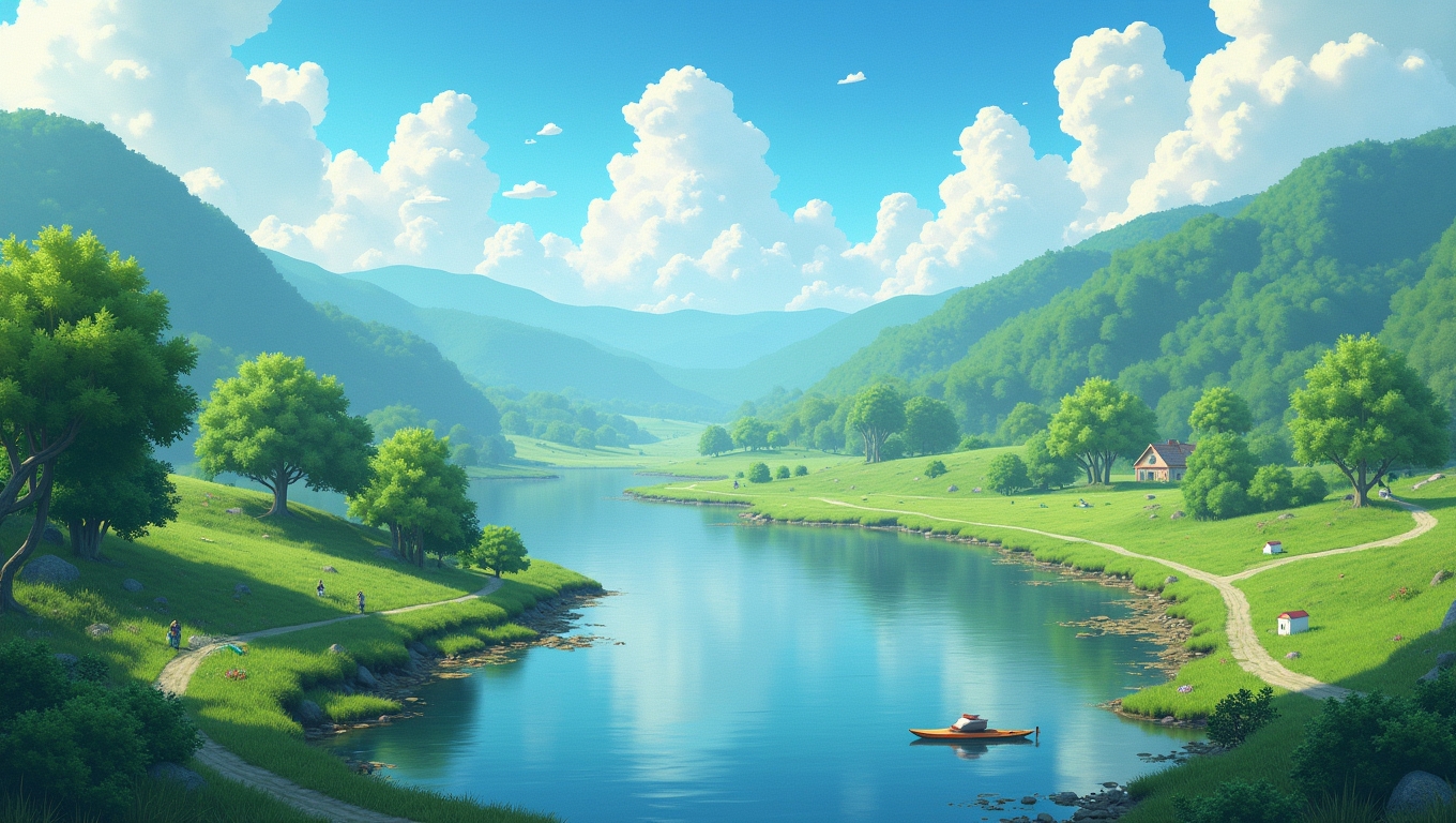 A serene landscape from a calming video game, illustrating the therapeutic aspect of gaming.