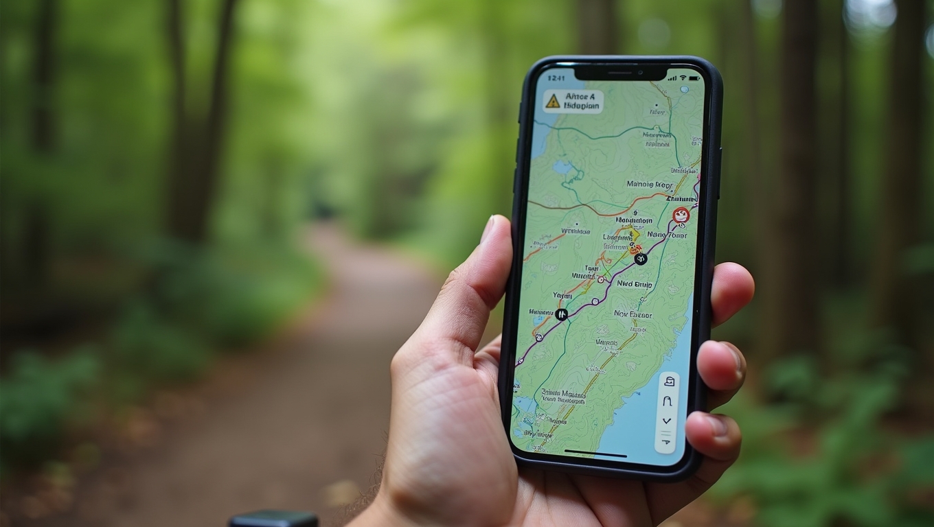 A smartphone displaying a hiking app with a map.