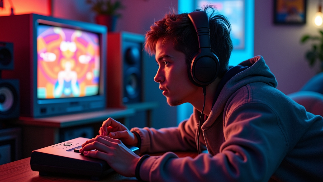 A gamer playing retro games on a classic console