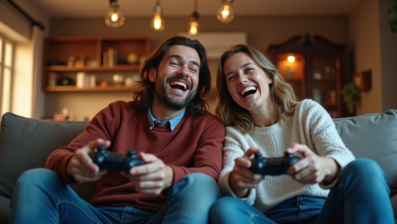A couple sitting on a couch, laughing while playing a video game