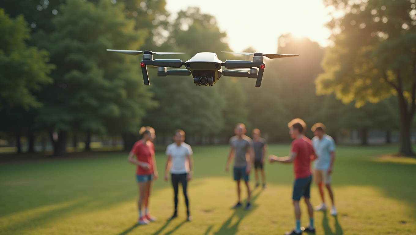 A drone flying above a group of outdoor gamers.