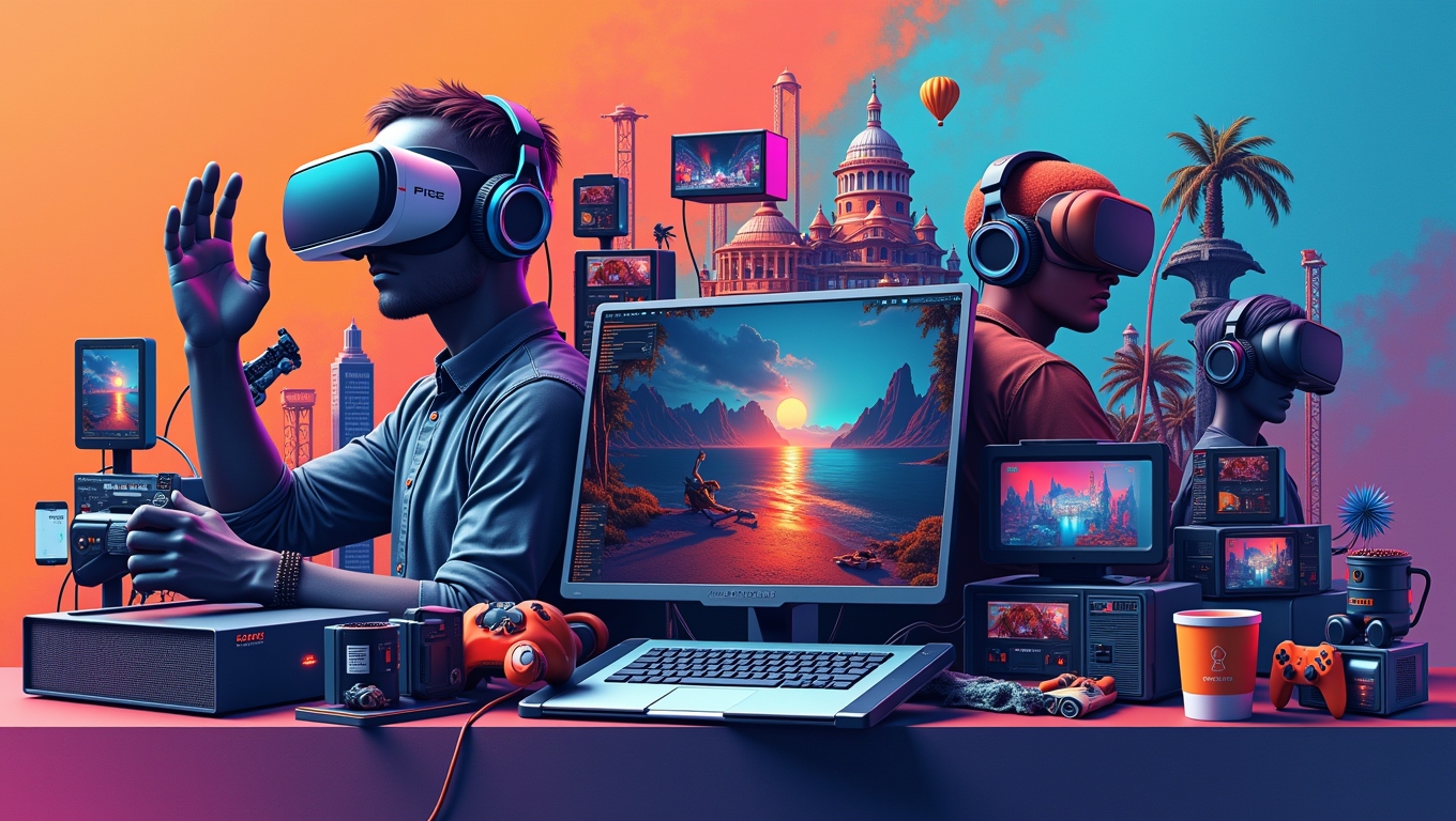 A collage of modern gaming technology, including VR headsets and game development tools.