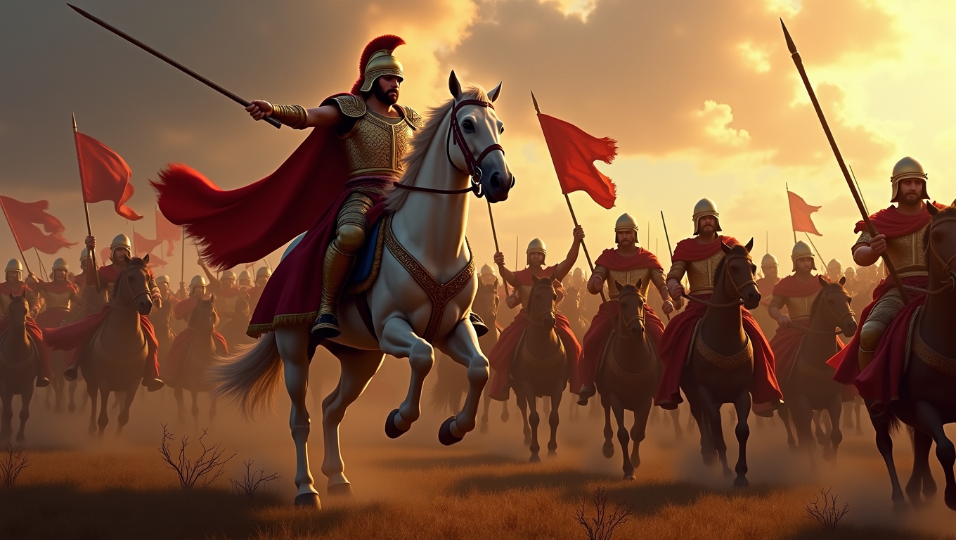 A strategy game scene featuring Alexander the Great leading an army