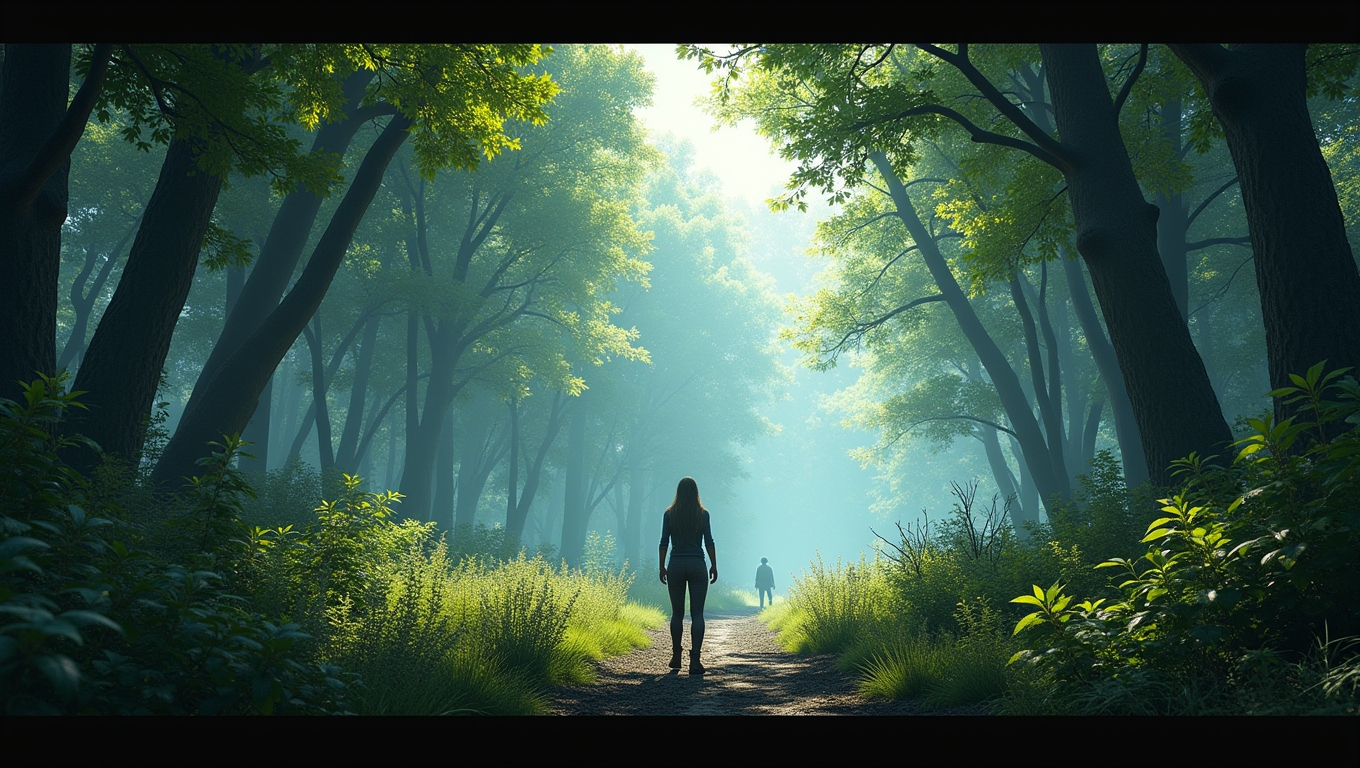 A player exploring a lush forest in a video game, symbolizing nature's role in gaming.