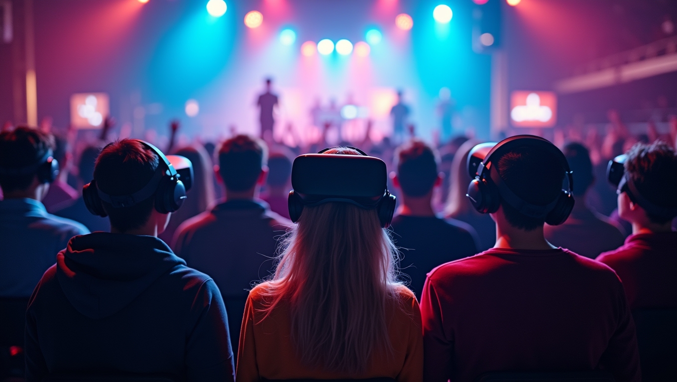 A group of friends enjoying a virtual concert through VR headsets.
