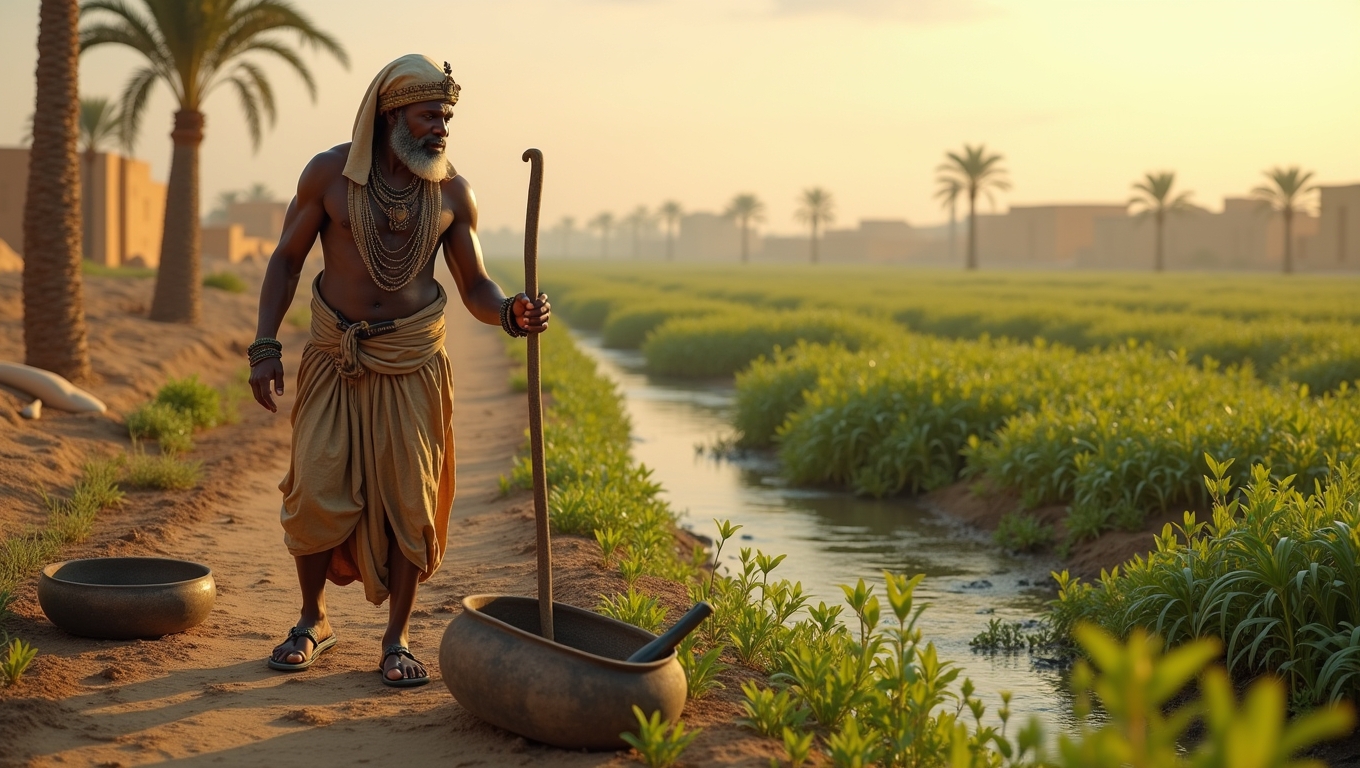 An ancient Egyptian farmer using innovative irrigation techniques.