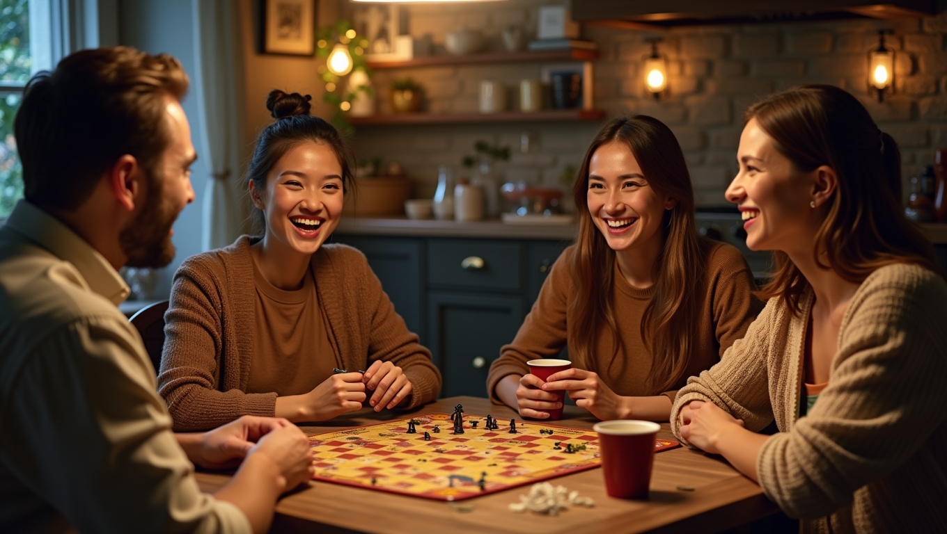 A group of friends laughing and playing a board game together, showcasing social interaction.