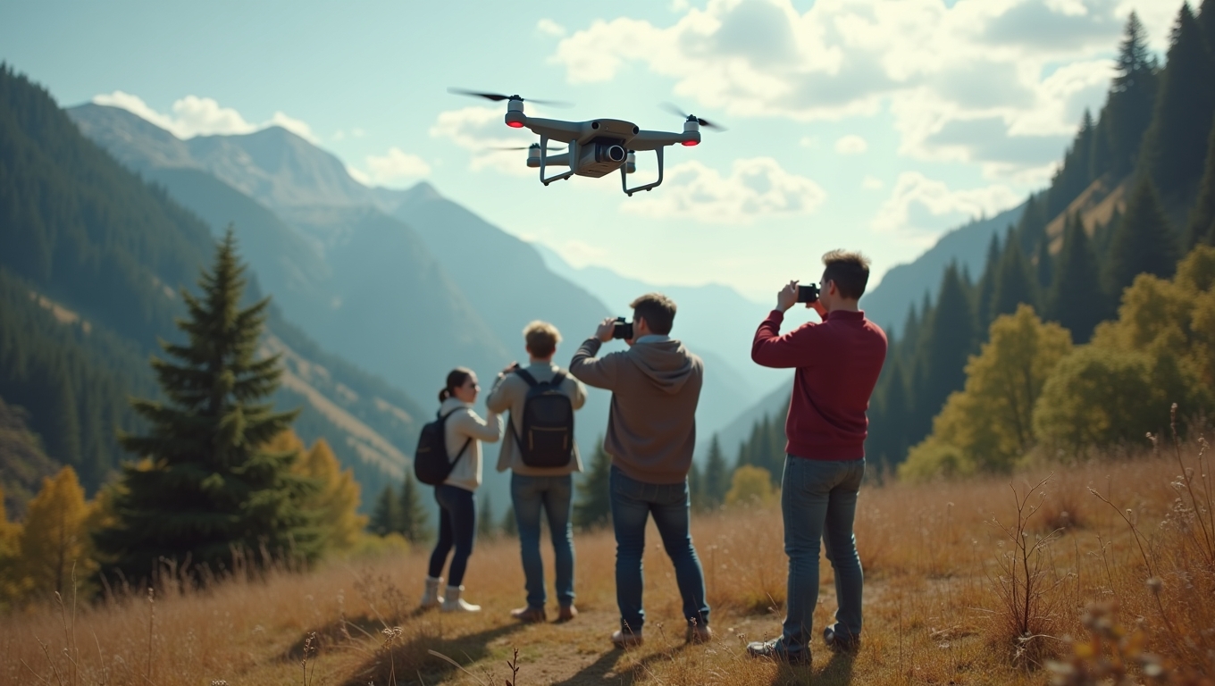 A group of friends using a drone to capture outdoor moments.