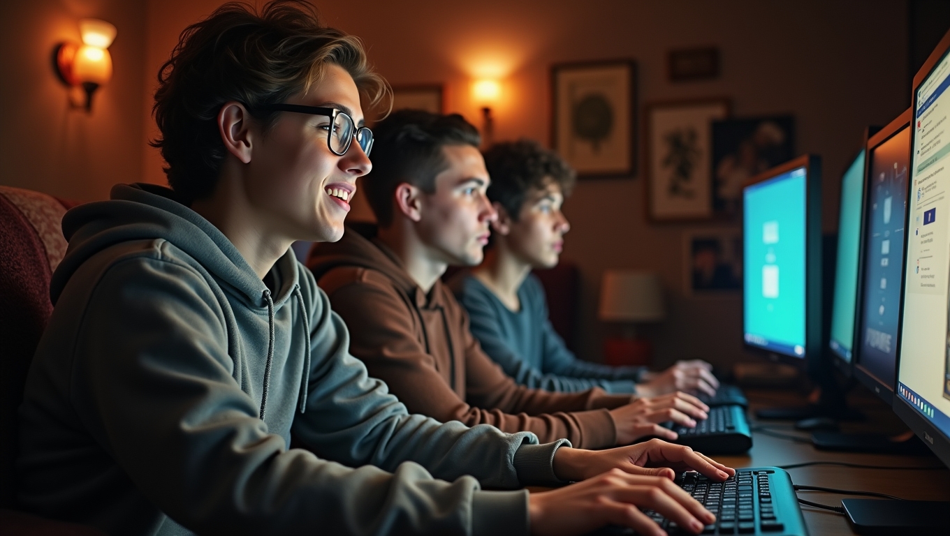 Group of friends playing an online game together on their computers