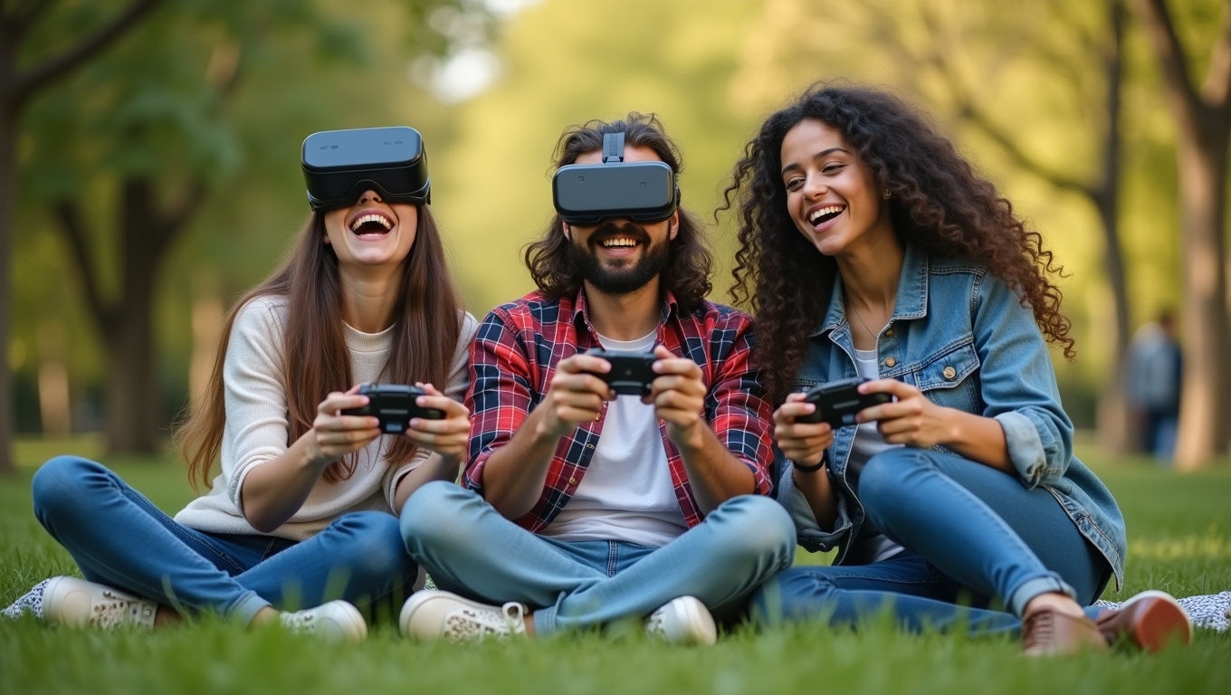 A group of friends playing an outdoor augmented reality game.