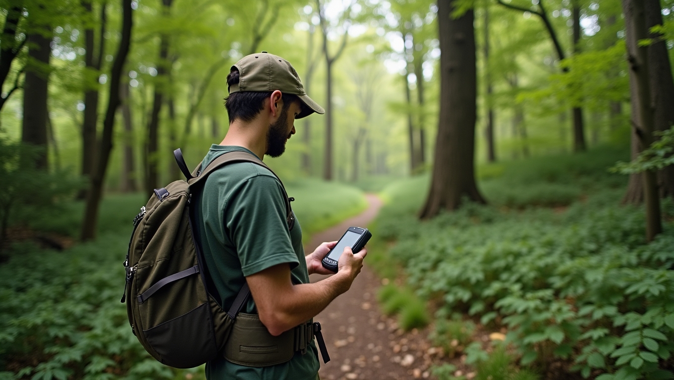 A hiker using a GPS device in a lush forest.