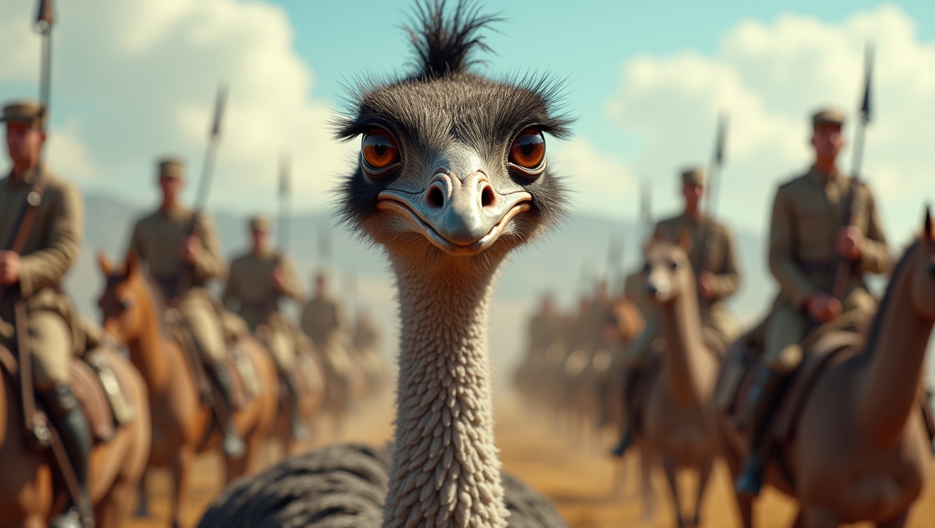An emu standing in a battlefield setting