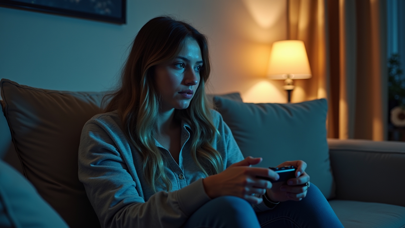 A person playing a video game with a thoughtful expression, surrounded by calming colors.