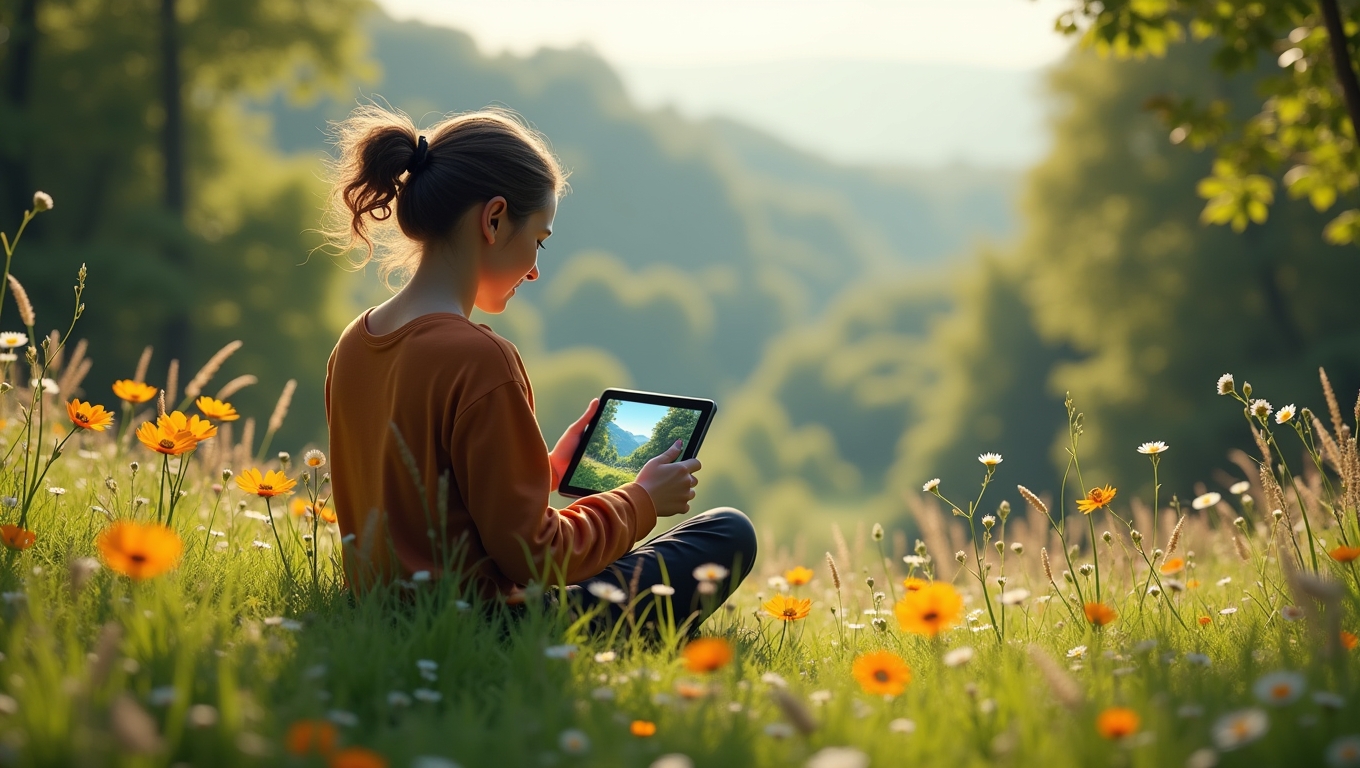 A person playing a nature-themed video game outdoors.