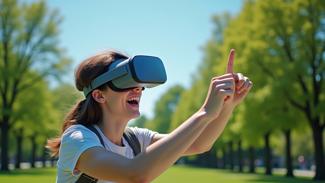 A player using augmented reality glasses in a park.