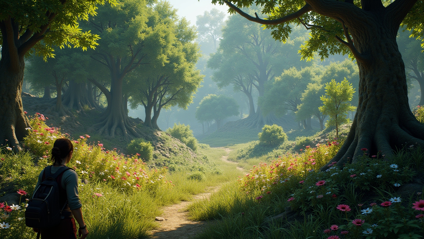 A player interacting with a lush forest environment in a video game.