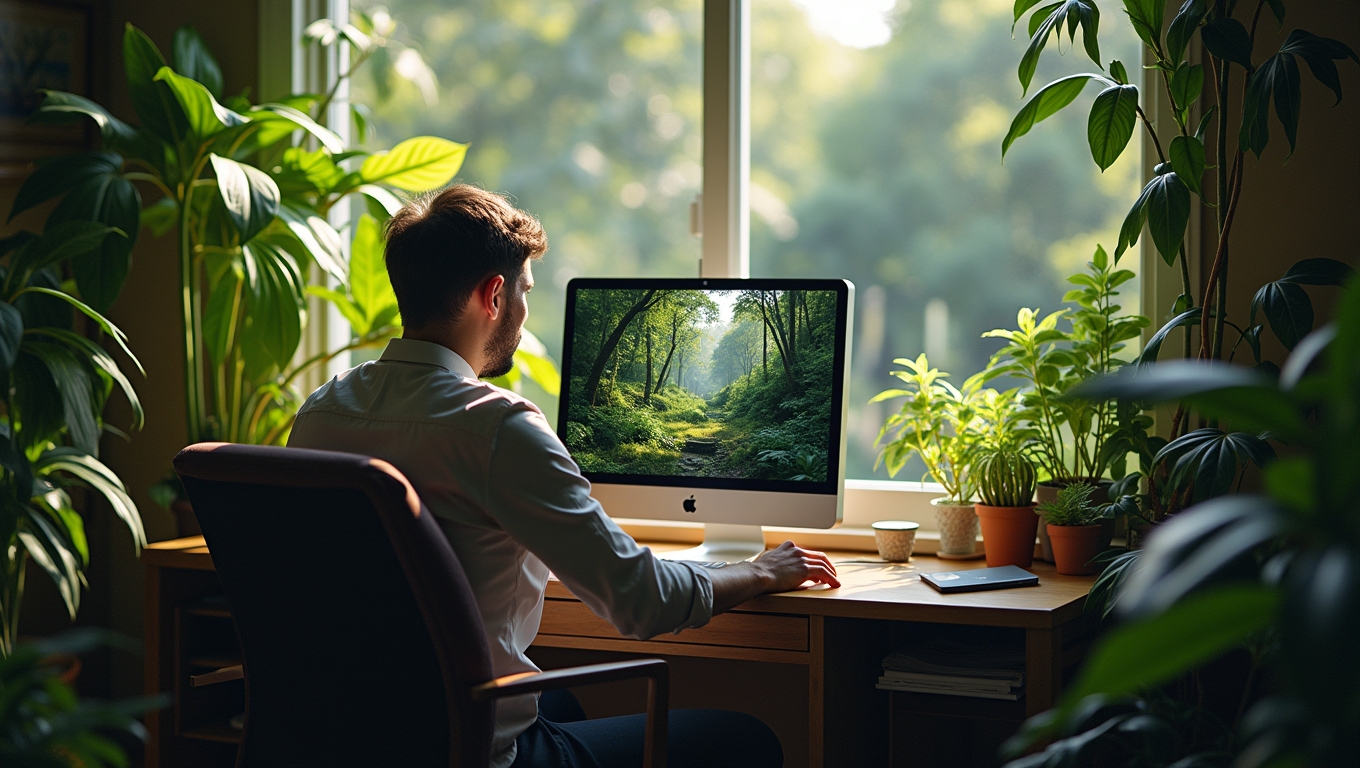 A player engaging with a nature-themed game, surrounded by lush greenery.