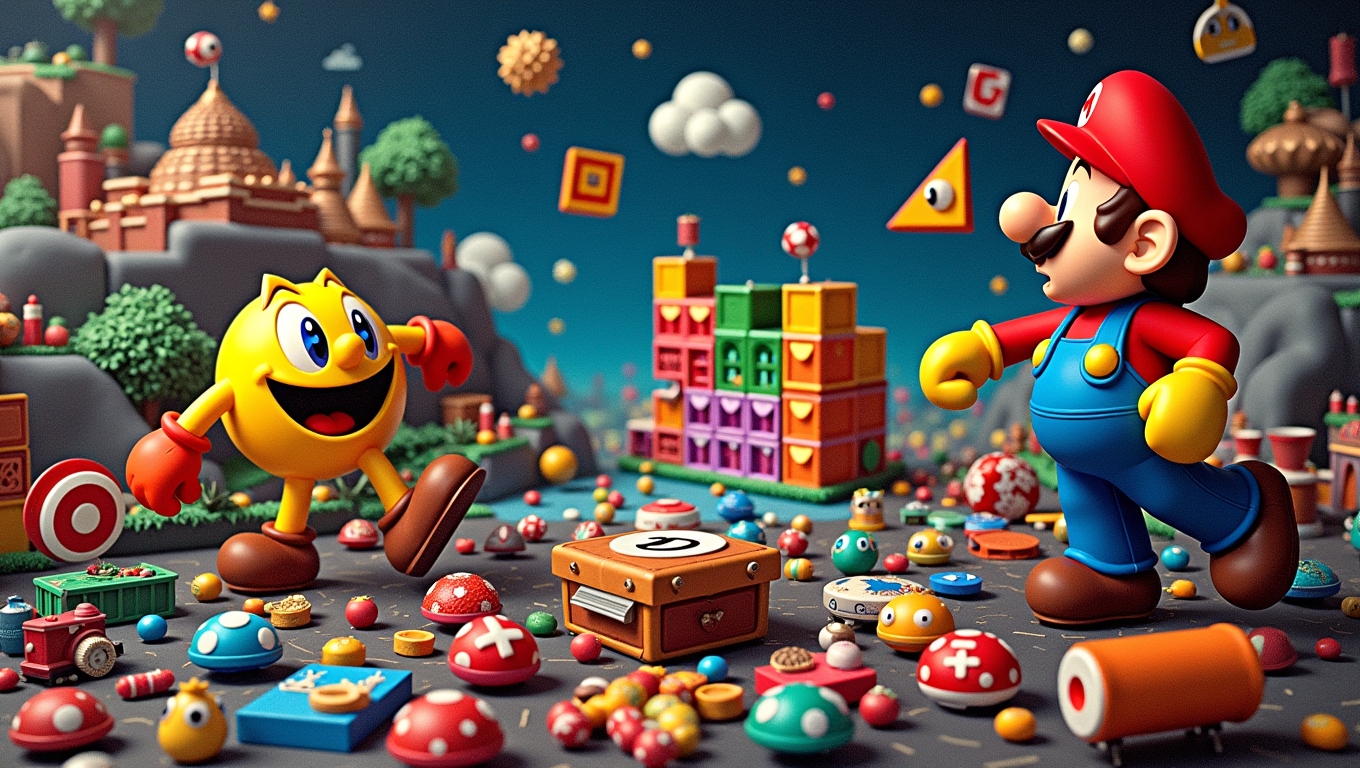 A collage of popular retro games like Pac-Man and Tetris