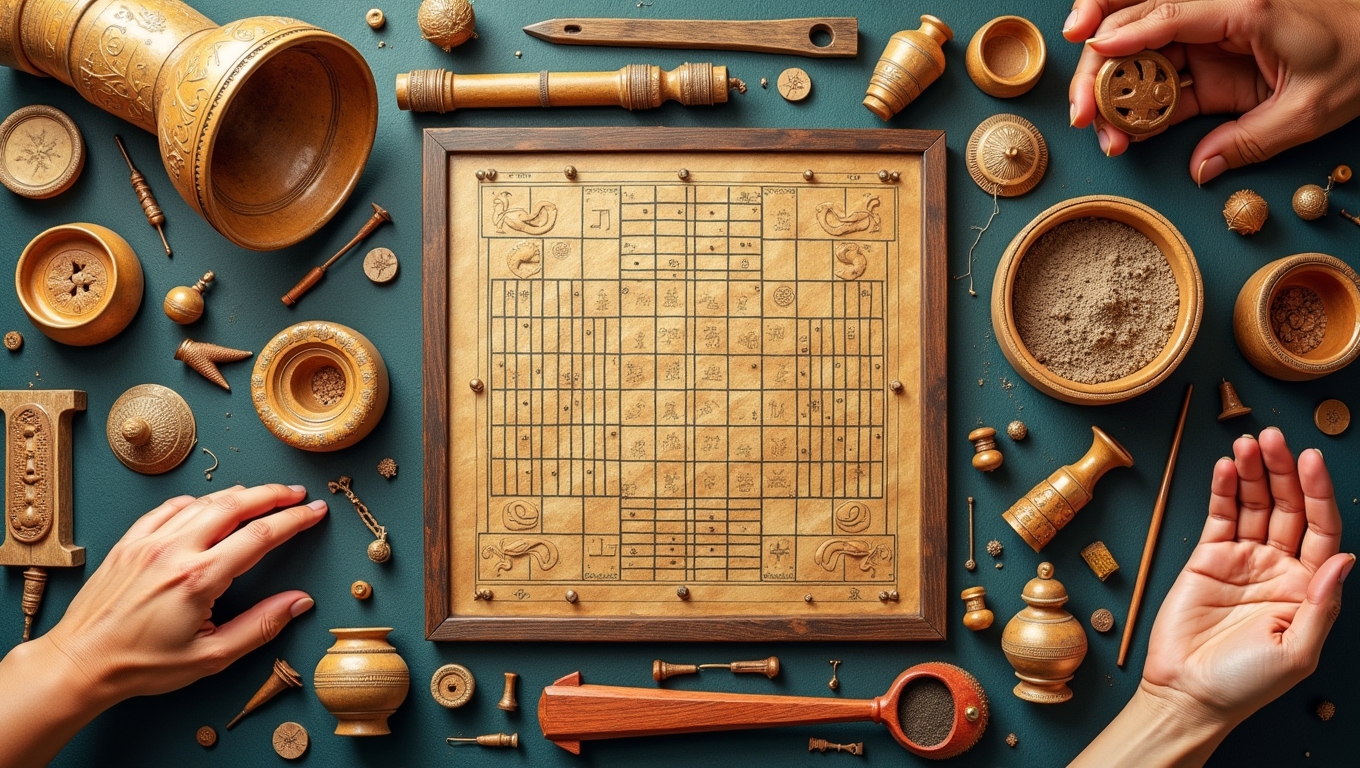 A collage of various ancient games and artifacts.