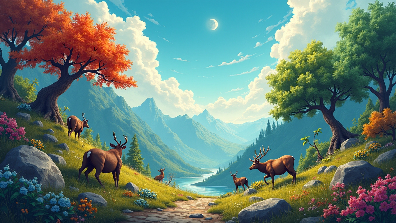 A vibrant landscape depicting nature and gaming elements intertwined.