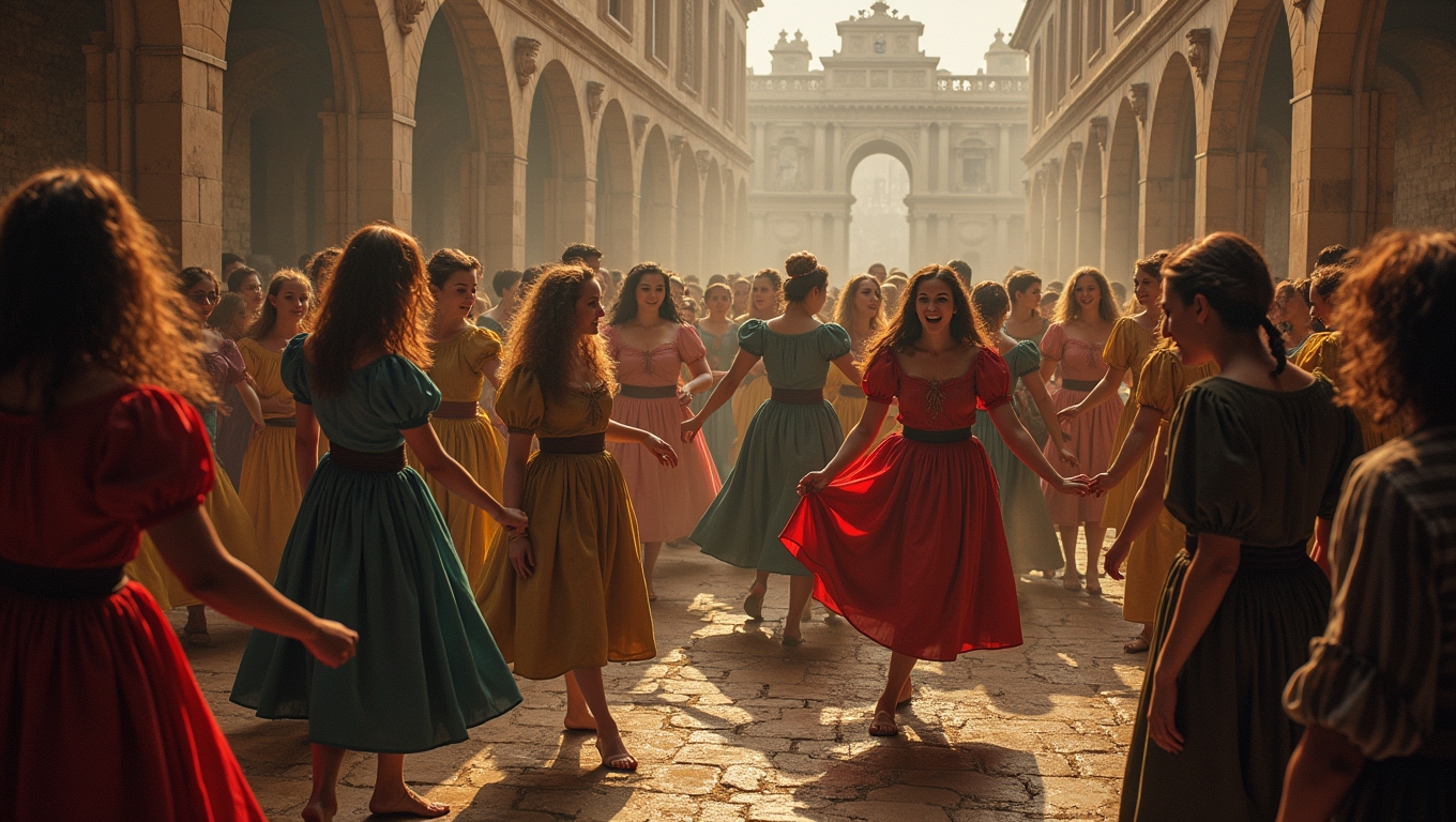 Illustration of dancers in a historical setting