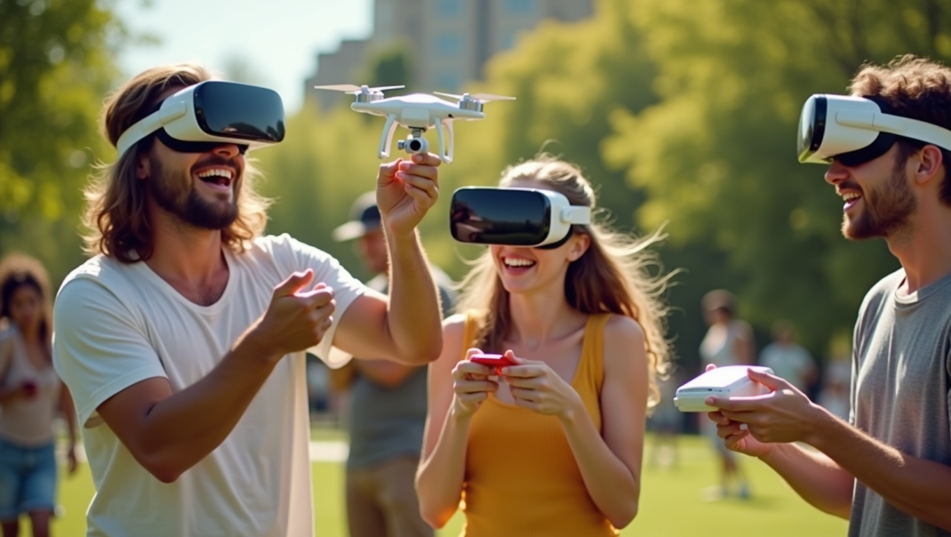 A group of friends playing outdoor games with advanced tech gadgets.