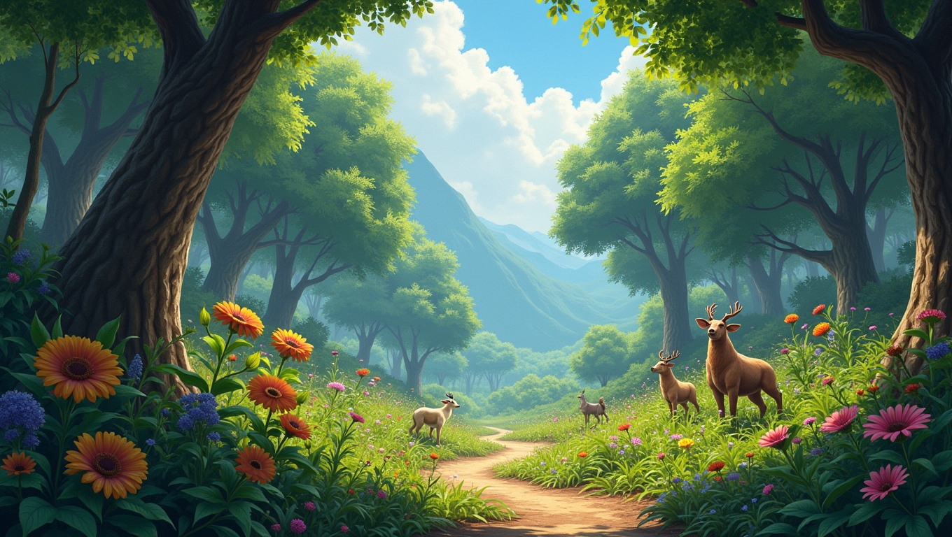 A screenshot of a nature-themed video game showing a lush forest.