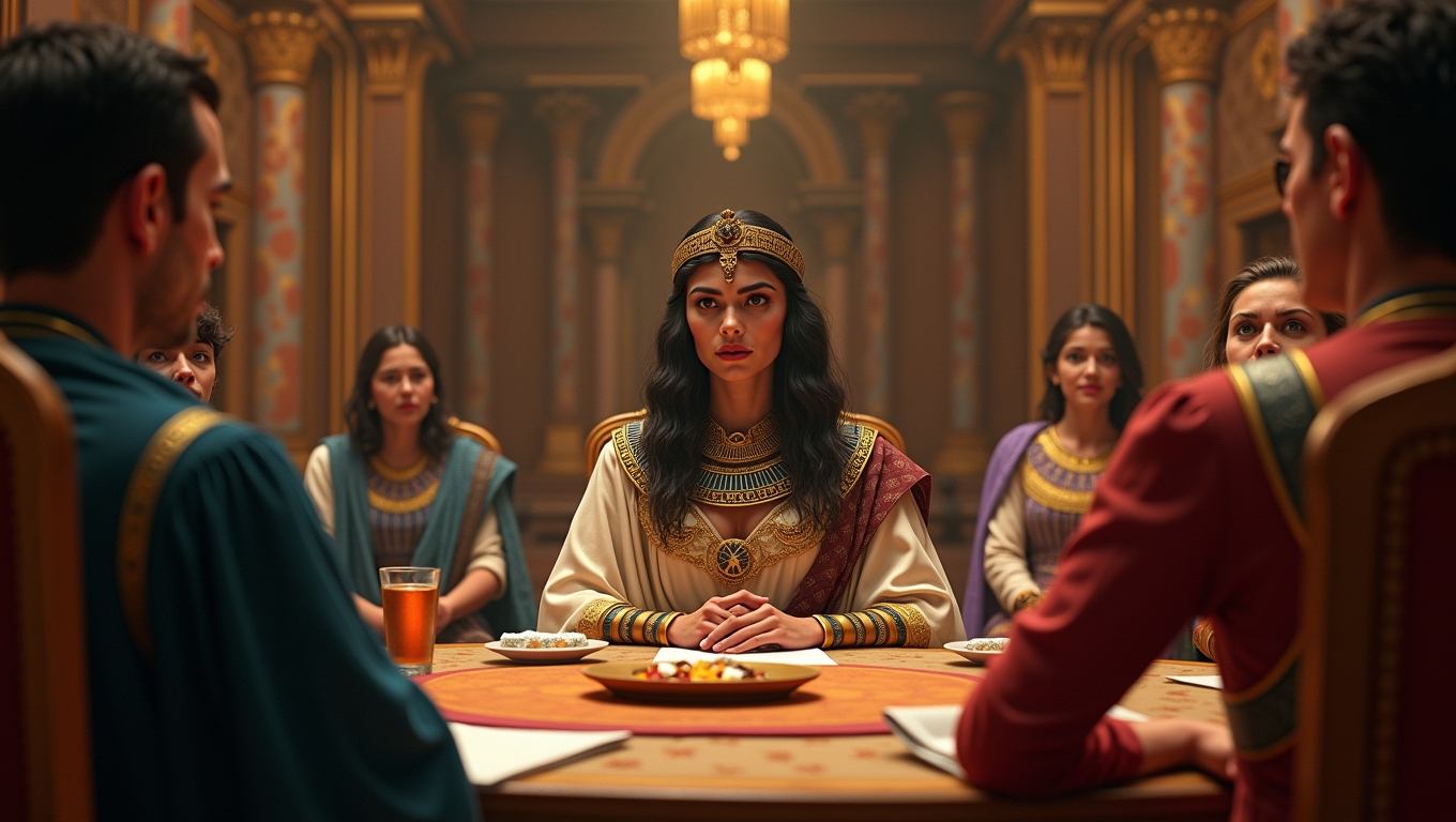 A digital art piece of Cleopatra engaging in diplomacy