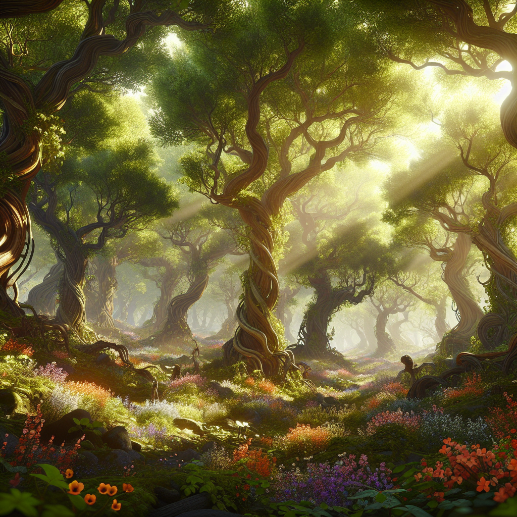 A character exploring a vibrant forest in a video game.