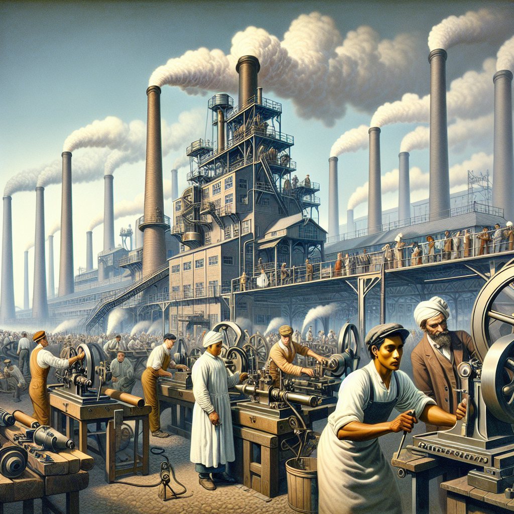 An industrial scene depicting factories and workers during the Industrial Revolution.