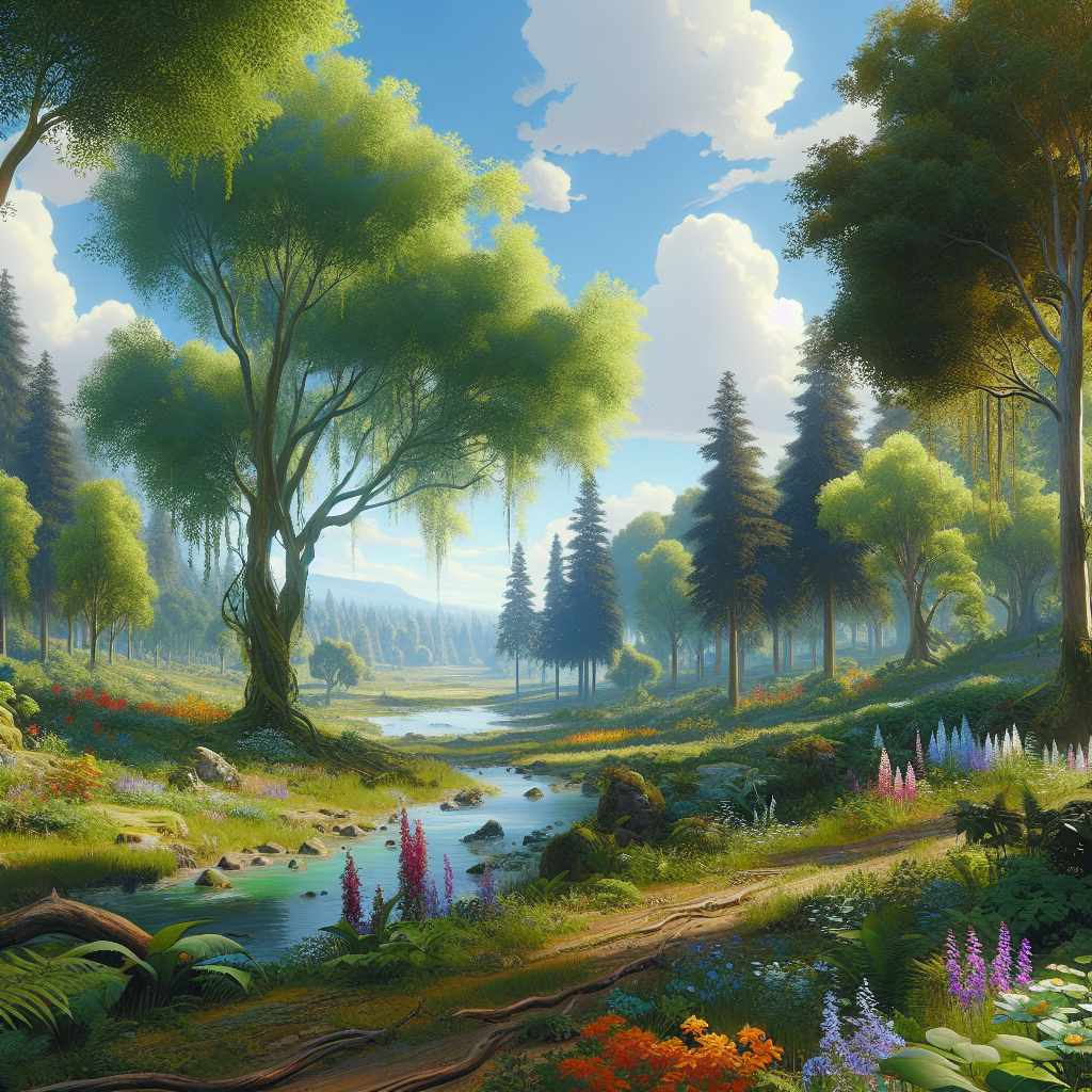 A serene forest landscape from a video game, showcasing vibrant flora.