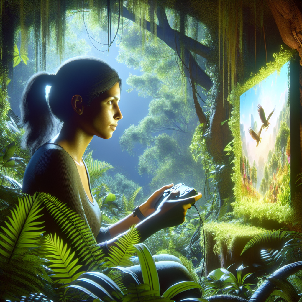 A gamer playing a nature-themed video game, surrounded by greenery.