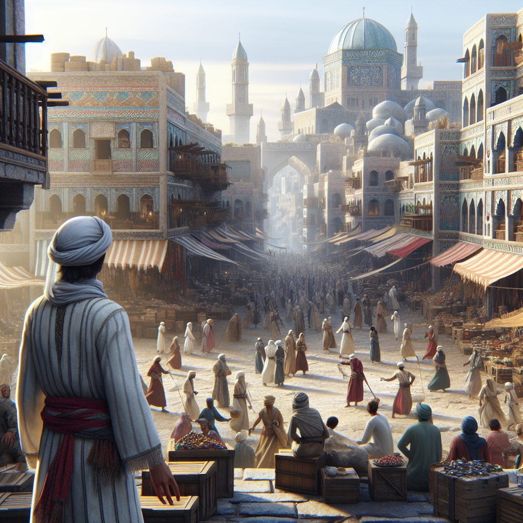 A character in a historical game exploring an ancient city.