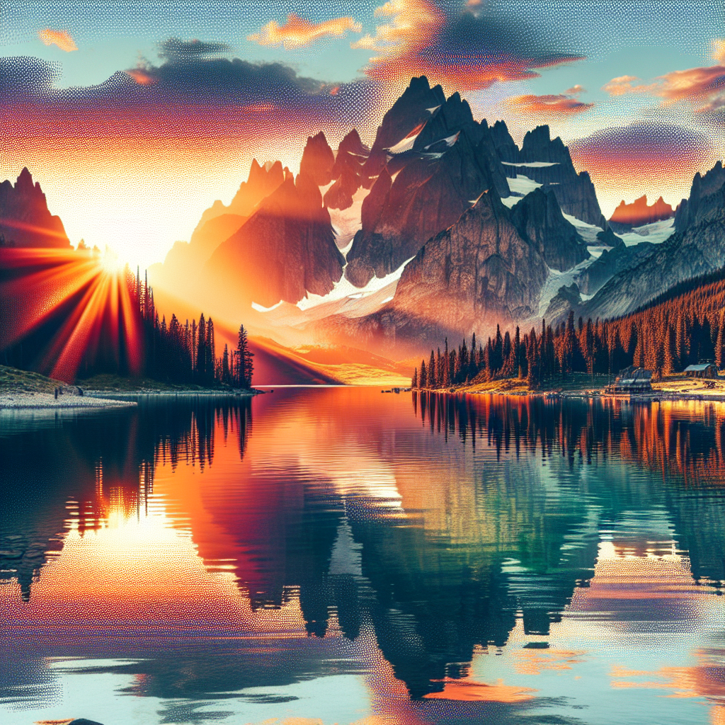 A panoramic view of a sunset over mountains in a popular game.