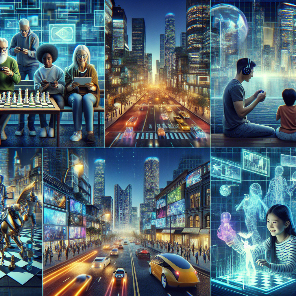 A futuristic cityscape with gaming elements integrated into daily life, showcasing diverse individuals engaged in games.