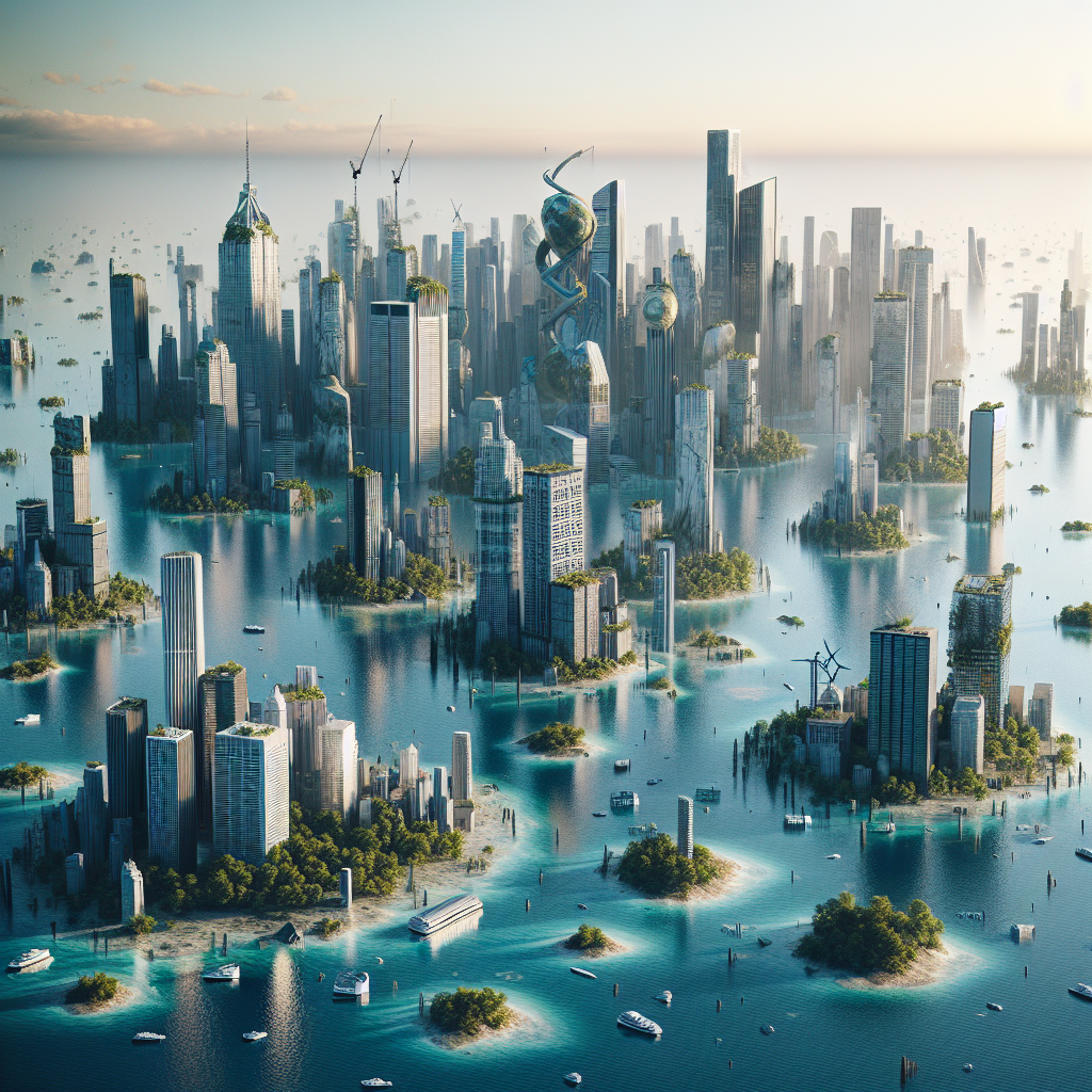 Concept art of a futuristic city impacted by climate change.