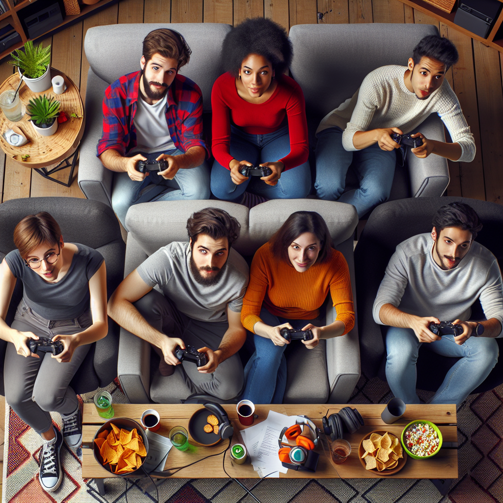 A group of friends playing video games together online, showcasing social interaction in a digital environment.