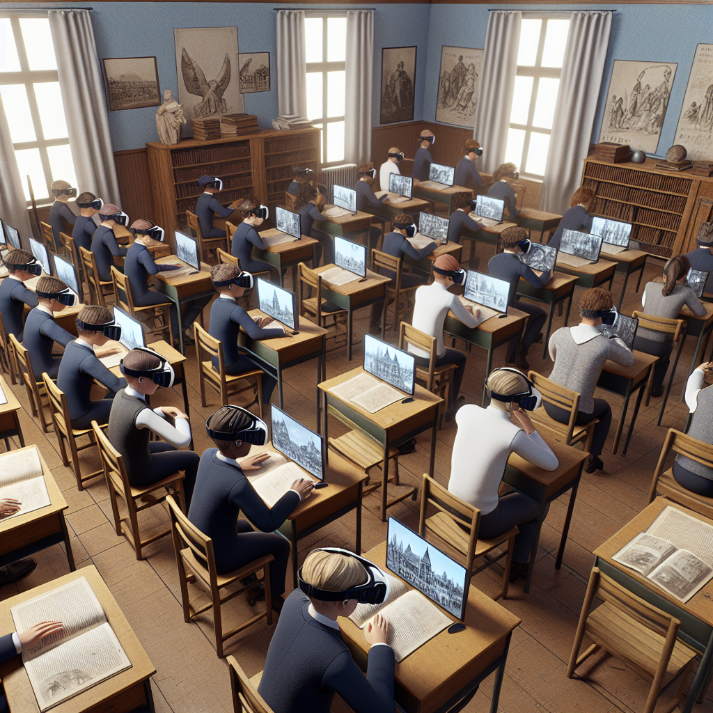 A classroom with students using VR headsets to learn about history.