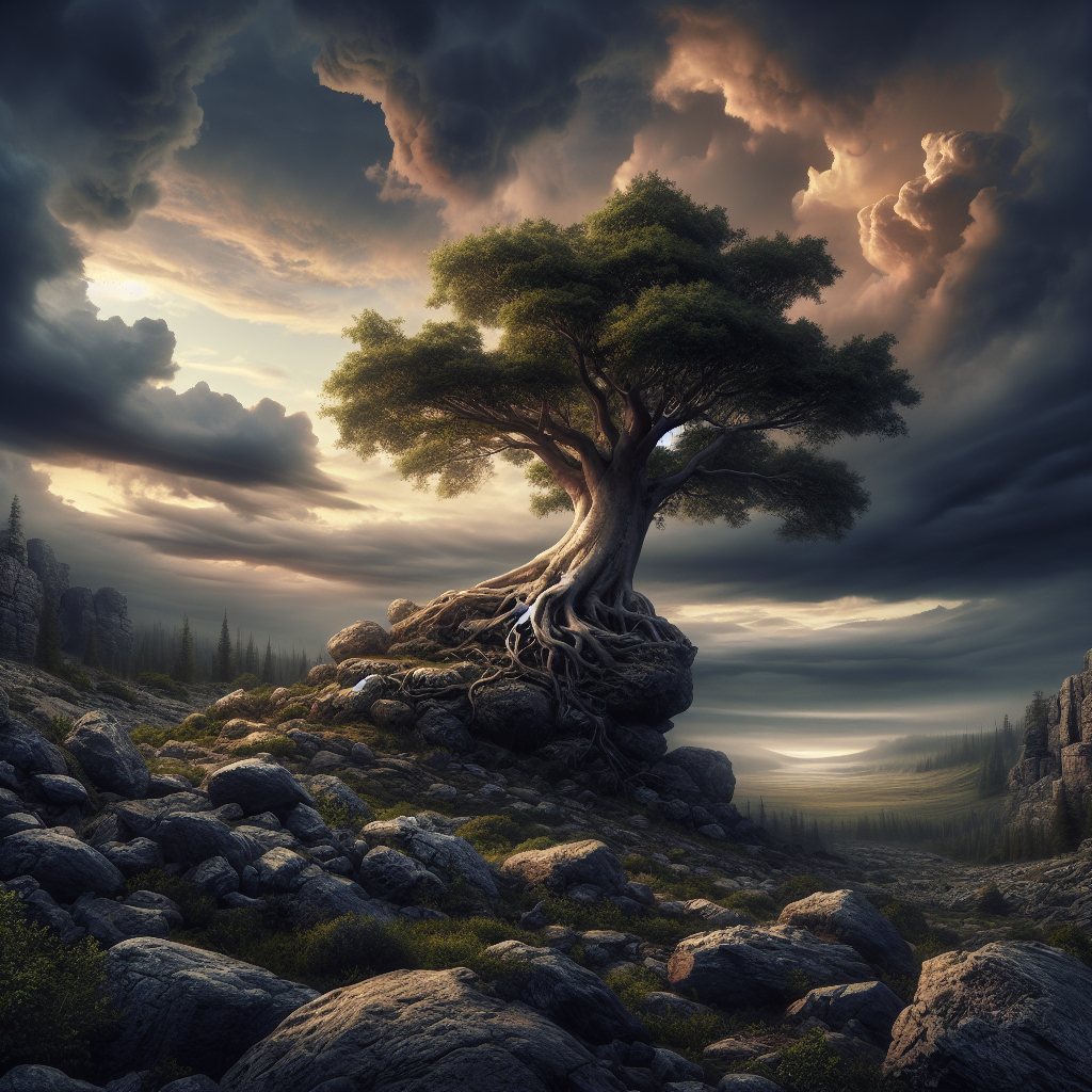 A resilient tree growing in a rocky landscape.