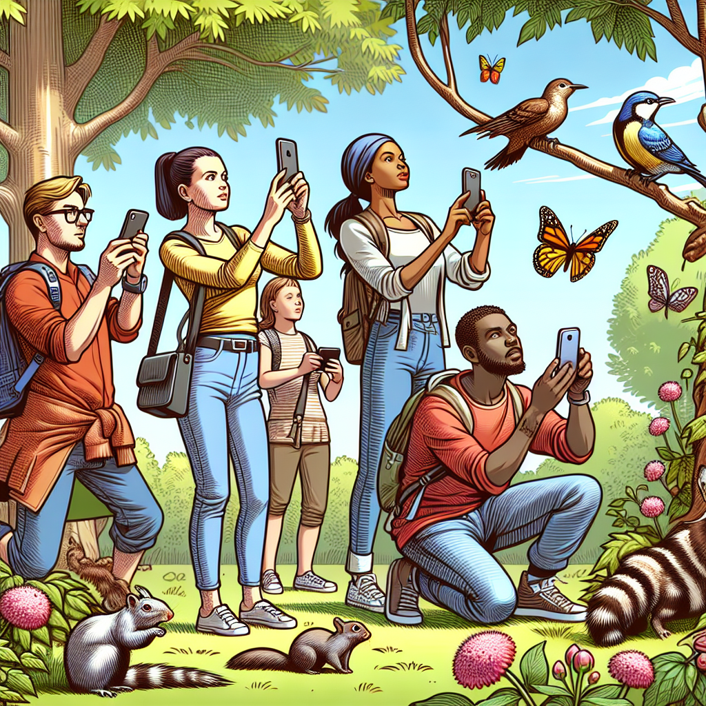 Citizen scientists using an app to report wildlife sightings.