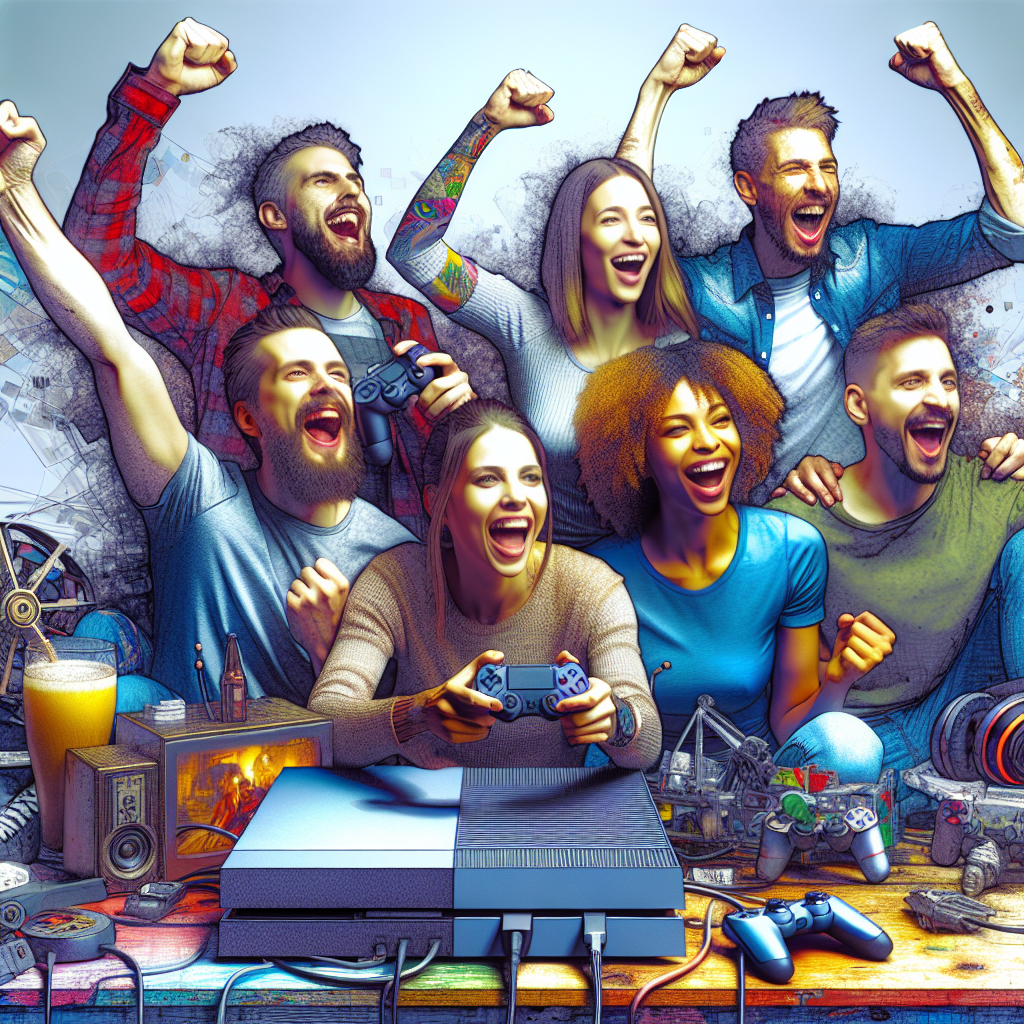 A group of friends celebrating a win in a video game, highlighting joy and camaraderie.