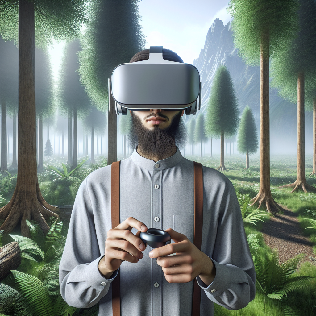 A virtual reality headset user exploring a nature simulation.