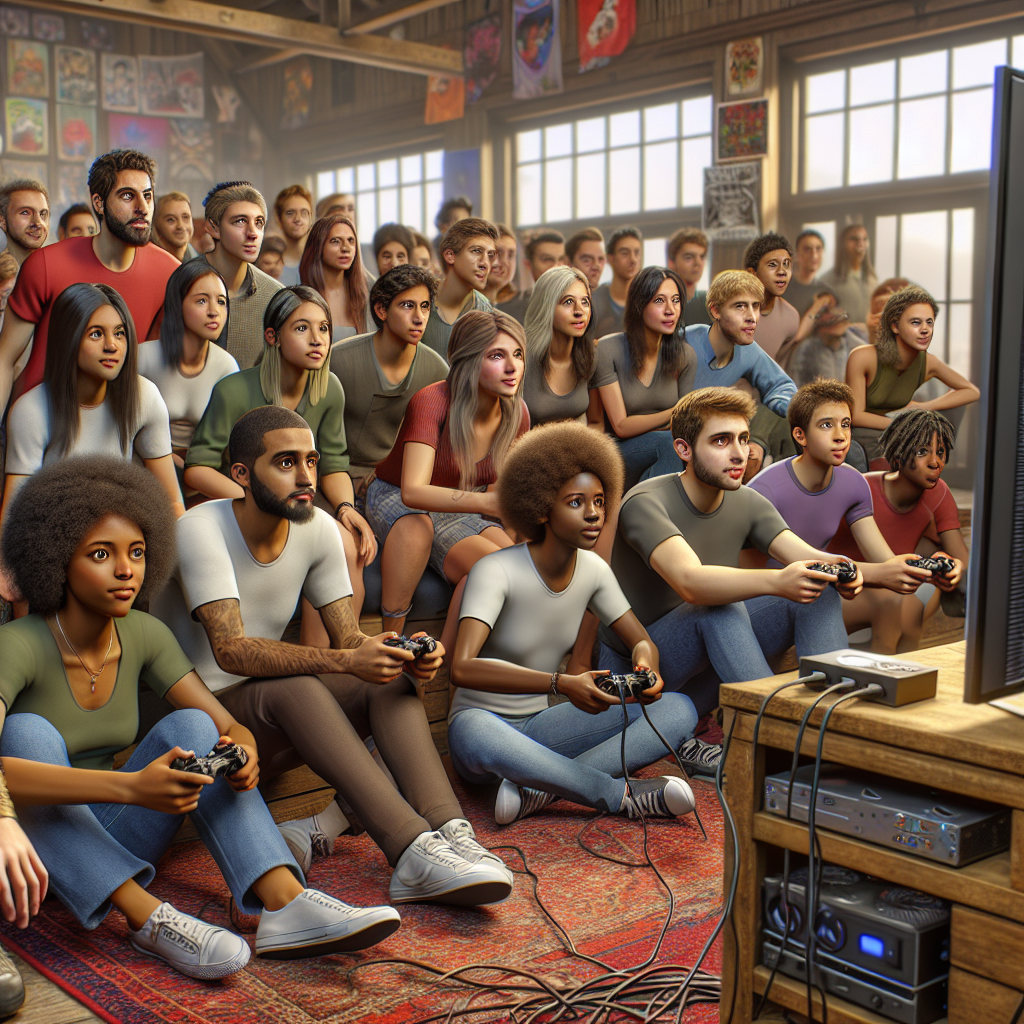 A diverse group of gamers collaborating on a social change project.
