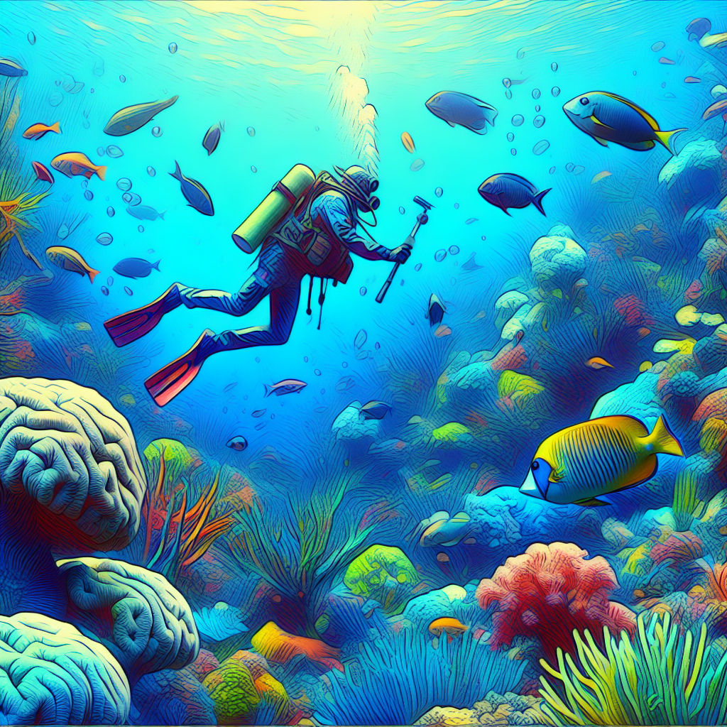 A depiction of a game character exploring a vibrant coral reef, highlighting marine life.