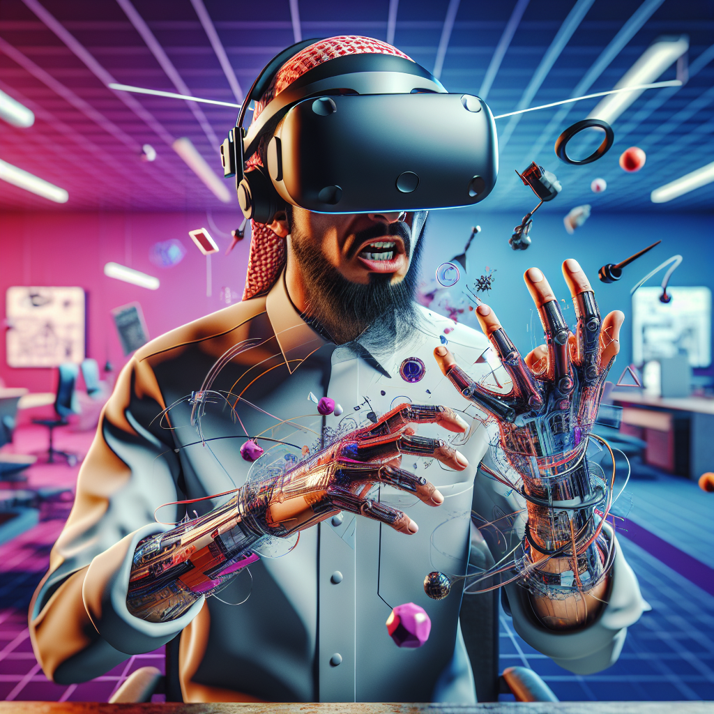 A gamer using a VR headset in a virtual environment.